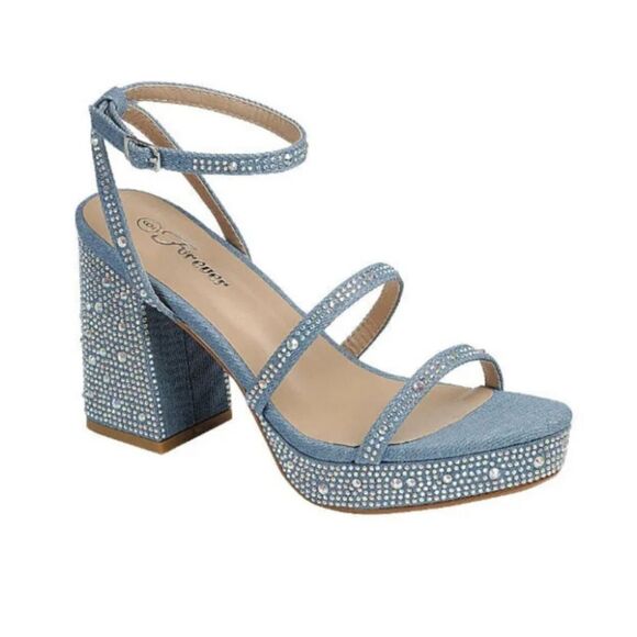 BRAND NEW FOREVER DENIN BLOCK HEEL VERSATILE STUDDED WITH PEARL SANDAL G1 - Picture 15 of 15